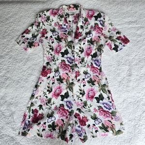 90s Vintage Romper Floral Button Up Collared V-neck Short Sleeve Playsuit
